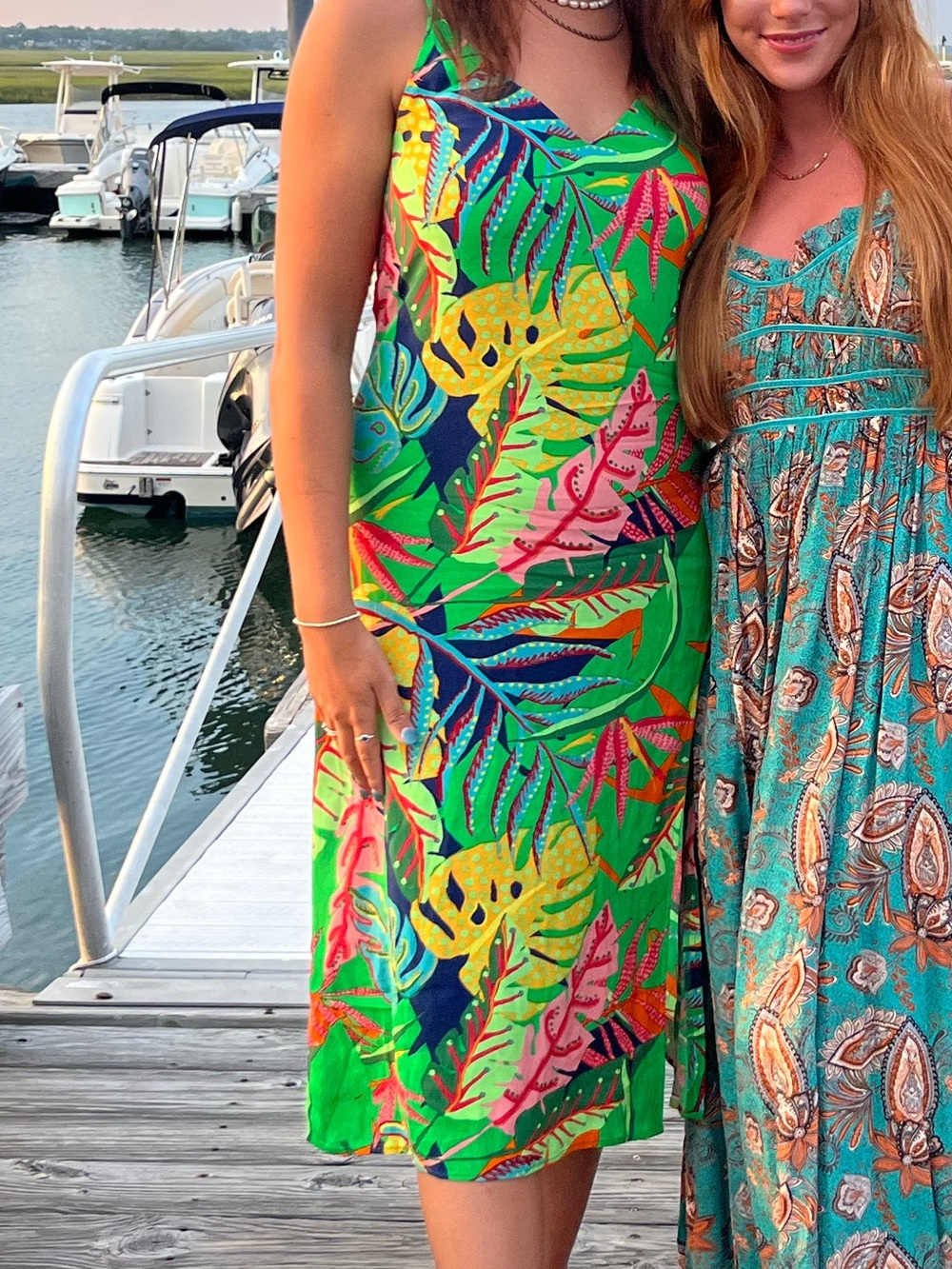 FARM Rio Green Tropical Midi Slip Dress with Pink Yellow & Blue Accents